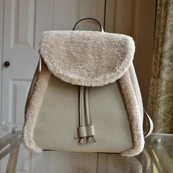 Kate Spade K9398 Leila Flap Backpack Fur Faux Shearling Light Sand - Picture 2 of 12
